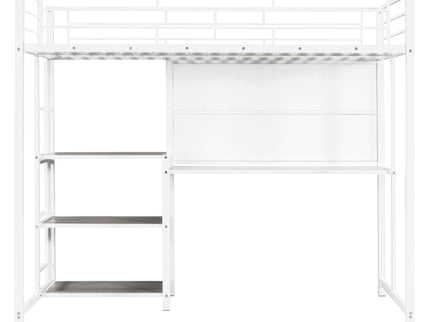 Metal Loft Bed With Desk, 3 Shelves And Ladder