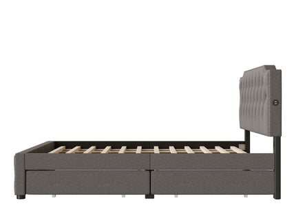 Upholstered Platform Bed With 2 Drawers And 2 Sets Of USB Ports On Each Side, Fabric