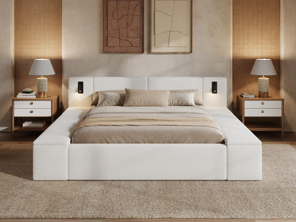 Upholstered Platform Bed Frame With Hidden Storage, Built-In Nightstands & LED Reading Lights
