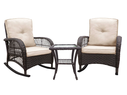 3 Pieces Conversation Set, Outdoor Wicker Rocker Patio Bistro Set, Rocking Chair With Glass Top Side Table - Brown / Beige