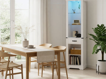 Pantry Cabinet With LED Lights And Barn Door With Tempered Glass Shelves - White