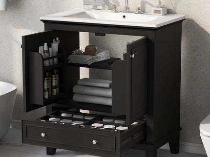 30" Bathroom Vanity With Sink Combo, Multi Functional Bathroom Cabinet With Doors And Drawer - Black