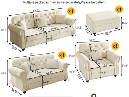 Upholstered Sofa Set With Nailhead Trim And Rolled Armrests, Includes Pillows