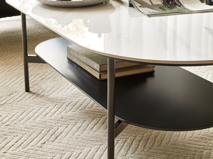 Contemporary Coffee Table Sintered Stone Surface With Ceramic Finish Double Layer Design Base Matte Shelf Modern Living Room Center Table - White / Gray