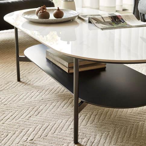 Contemporary Coffee Table Sintered Stone Surface With Ceramic Finish Double Layer Design Base Matte Shelf Modern Living Room Center Table - White / Gray