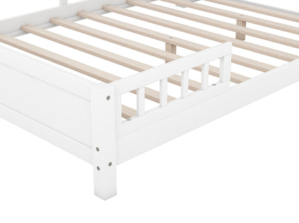 Wood Platform Bed With Built In LED Light, Storage Headboard And Guardrail