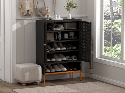 Grid Double Door Shoe Cabinet With Adjustable Compartments And Moisture-Proof Design In Metal