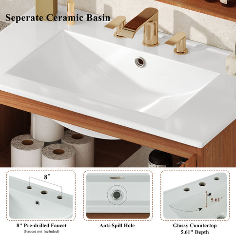 Bathroom Vanity With Sink, Minimalist Design, 45 Degrees Free Handle Doors - Antique Natural