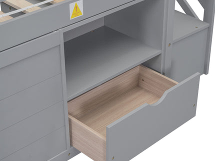 Low Loft Bed With Stair, Drawer, And Shelf