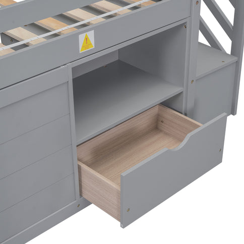 Low Loft Bed With Stair, Drawer, And Shelf