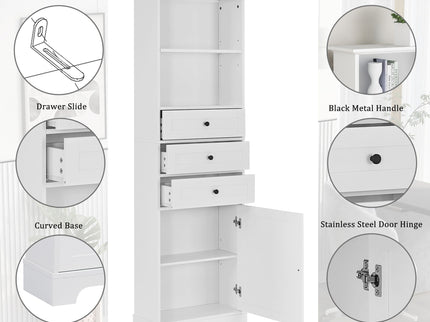 Tall Storage Cabinet With 3 Drawers And Adjustable Shelves For Bathroom
