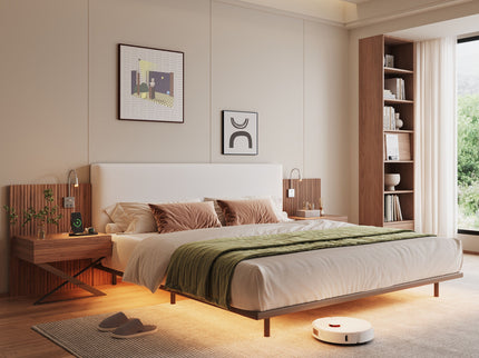 Floating King Size Bed With Integrated Side Tables And Smart Lighting - Beige Gray / White