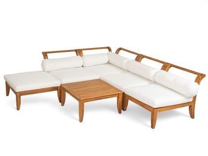 6 Piece Patio Sofa Set, Acacia Wood Outdoor Modular Sectional Garden Furniture Set L Shaped Conversation Set, Convertible Daybed With Tea Table, Ottoman, 5 Cushions And Pillows - Teak / Beige