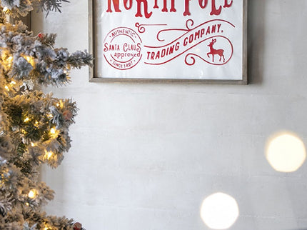 Iron / Wood North Pole Trading Company Wall Sign, For Christmas Holiday Table Wall Decor - White / Red