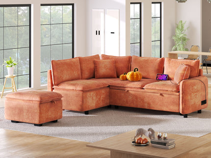 Convertible Sofa Bed Sectional Sofa Sleeper L-Shaped Sofa With A Storage Ottoman, Two Pillows, Two Power Sockets And Two USB Ports For Living Room