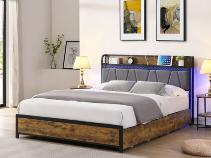 Contemporary Bed Frame With Storage Headboard, Charging Station, LED Lights