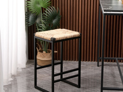 25" Height Backless Water Hyacinth Woven Bar Stools With Footrest (Set of 2) - Natural