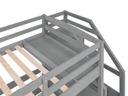 Twin Over Twin & Twin Bunk Bed With Drawers, Staircase Storage, Built In Shelves - Gray