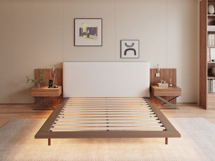 Floating King Size Bed With Integrated Side Tables And Smart Lighting - Beige Gray / White