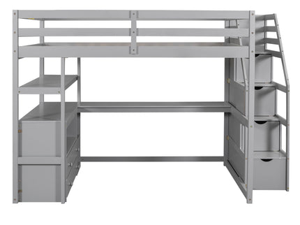 Loft Bed With Desk, Shelves, 2 Drawers, Storage Staircase