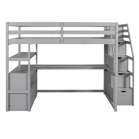 Loft Bed With Desk, Shelves, 2 Drawers, Storage Staircase