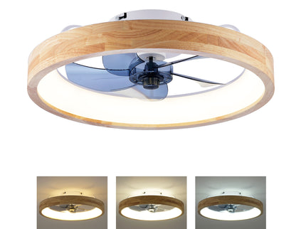 Ceiling Fans With Lights And Remote, 3000 - 6500K Dimmable Flush Mount LED Fan Light, 6 Speeds, Quiet DC Motor For Living Room - Matte White / Natural Wood