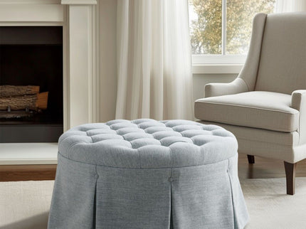Skirted Tufted Round Ottoman With Button Top - Gray