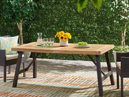 Outdoor Weather Resistant Dining Table With Slat Panel Design - Natural / Gray