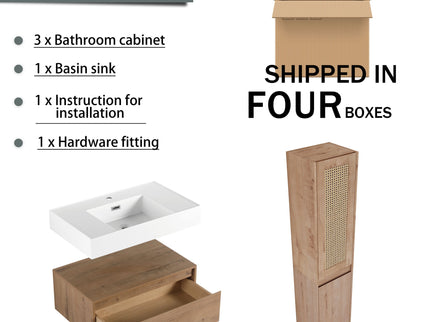 Contemporary Wall Mounted Bathroom Vanity With Resin Sink And 2 Side Cabinet - Imitative Oak