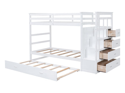 Twin Over Twin Bunk Bed With Trundle And Staircase - White