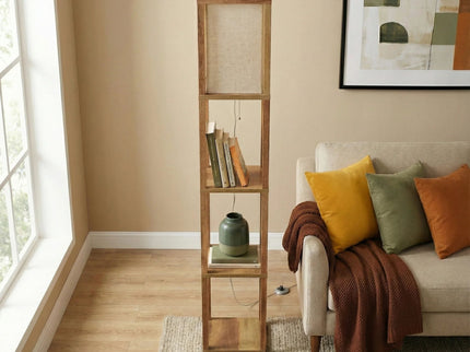 Pinnacle - Shelf Floor Lamp For Bedroom / Living Room, Long Shade - Natural Wood / White
