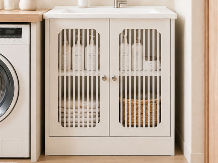 Louvered Double Door Floor Standing Bathroom Vanity Cabinet With Adjustable Shelf - White