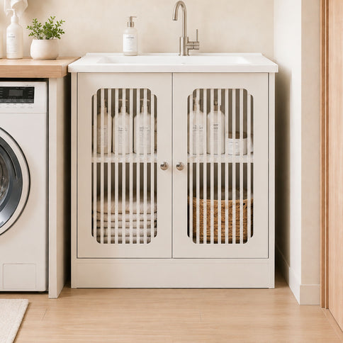 Louvered Double Door Floor Standing Bathroom Vanity Cabinet With Adjustable Shelf - White