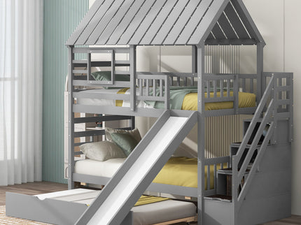 House Bunk Bed With Trundle, Storage Staircase, Roof And Window Design