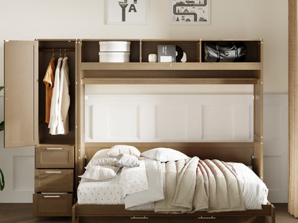 Full Size Murphy Bed With Wardrobe, Drawers, And Open Shelves - Wood