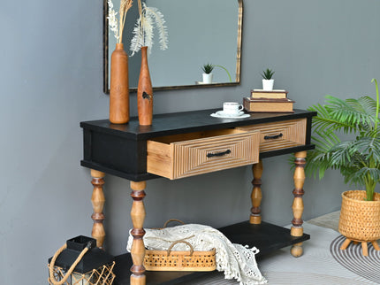 Accent Carved Console Table With Open Shelf And 2 Drawers Living Room - Black / Natural Wood Wash