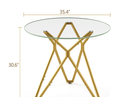 Modern Round Tempered Glass Dining Table With Sturdy Metal Legs For 1 - 4 People - Gold