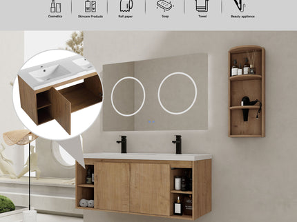 Modern 48" Wall Mounted Bathroom Vanity With Double Resin Sink And Storage Rack Soft Close Doors - Imitative Oak