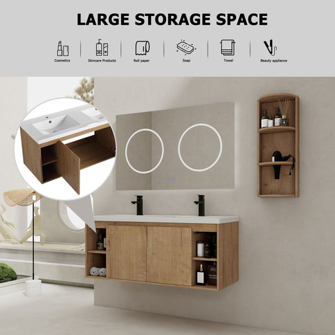 Modern 48" Wall Mounted Bathroom Vanity With Double Resin Sink And Storage Rack Soft Close Doors - Imitative Oak