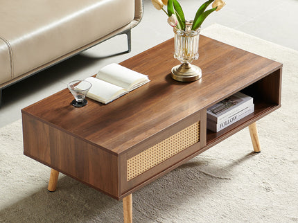 41.34" Rattan Coffee Table, Sliding Door For Storage, Solid Wood Legs, Modern Table For Living Room