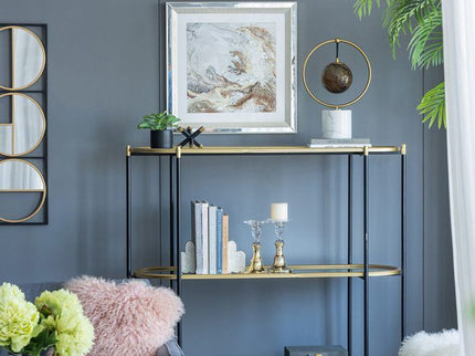 3 Tier Metal Console Table, Mirrored Shelf - Golden Black