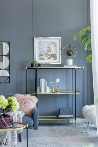 3 Tier Metal Console Table, Mirrored Shelf - Golden Black