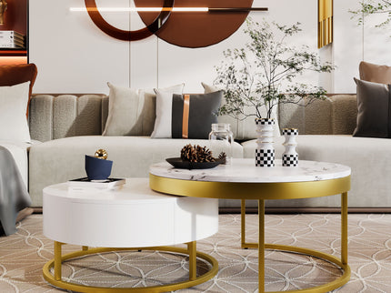 Round Nesting Coffee Table With Drawers - Golden / White