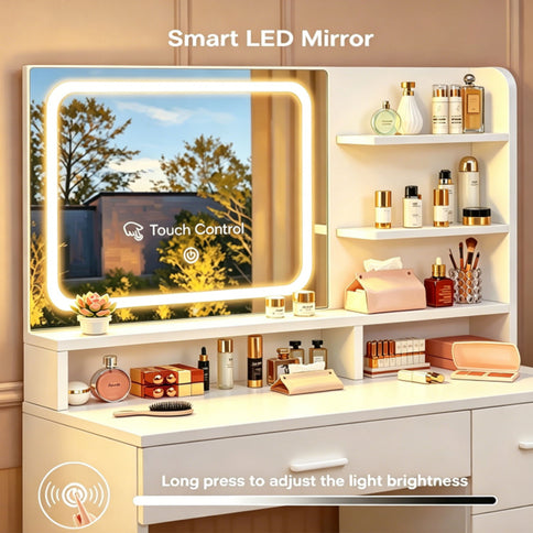 Vanity With LED Mirror And Storage Drawers For Bedrooms - Cream White