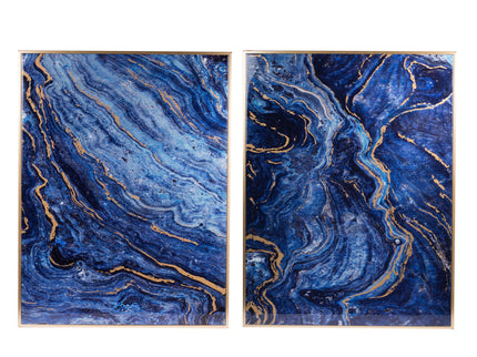 Framed Art Panels, Unique Marbled Design (Set of 2) - Blue