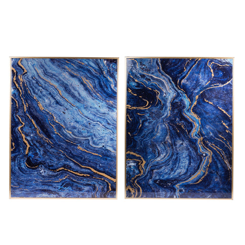 Framed Art Panels, Unique Marbled Design (Set of 2) - Blue