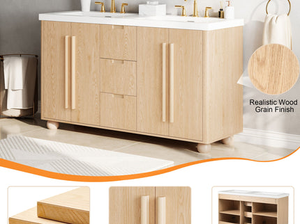 Double Sink Bathroom Vanity With Sinks, Soft Close Doors & 3 Drawers - Wood