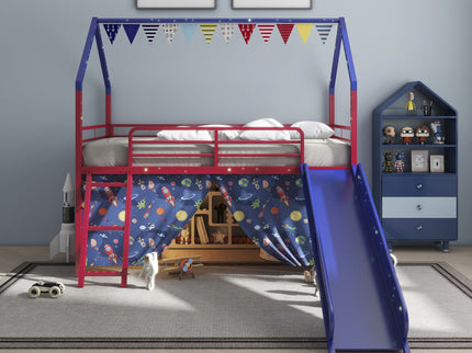 Jack - House Loft Bed With Slide And Curtain Set