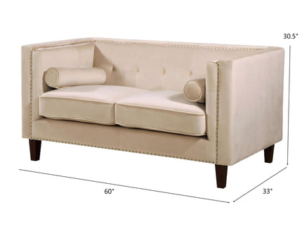 Button Tufted Square Arm Loveseat Sofa With Nailhead Trim, Upholstered 2 Seater Couch - Ivory