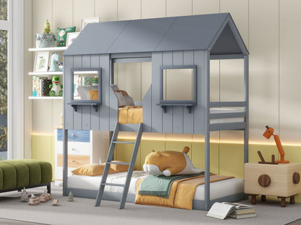 Twin Over Twin Bunk Bed With Roof, Window, Guardrail, Ladder